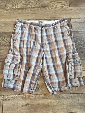 Tommy Bahama Men’s 34 Plaid Cargo Shorts in Brown & Cream Cotton/Linen Vtg. 90’s